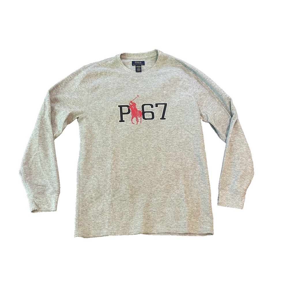 Polo Ralph Lauren P67 Thermal Mens Gray Shirt L Big Pony Waffle Knit Preppy Y2K